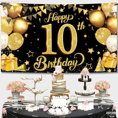 Katchon ، Gold and Blue Happy 10th Banner - 72 × 44 بوصة | 10 ديكورات عيد ميلاد للأولاد | زرقاء سعيد العاشرة عيد ميلاد بوي | علامة عيد ميلاد سعيدة 10 ، ديكورات عيد ميلاد عمرها 10 سنوات in Saudi Arabia