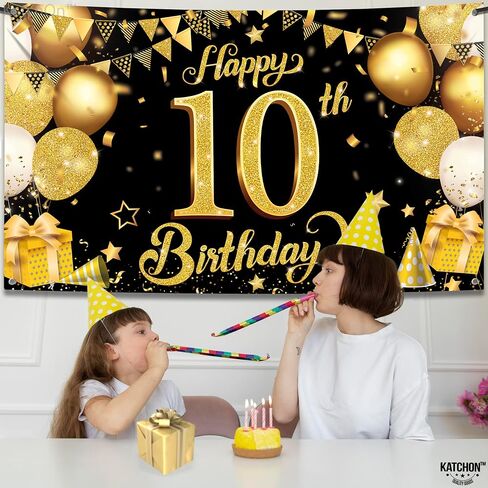 Katchon ، Gold and Blue Happy 10th Banner - 72 × 44 بوصة | 10 ديكورات عيد ميلاد للأولاد | زرقاء سعيد العاشرة عيد ميلاد بوي | علامة عيد ميلاد سعيدة 10 ، ديكورات عيد ميلاد عمرها 10 سنوات in Saudi Arabia