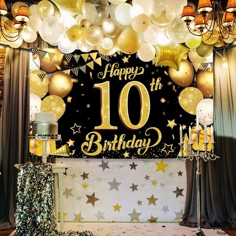 Katchon ، Gold and Blue Happy 10th Banner - 72 × 44 بوصة | 10 ديكورات عيد ميلاد للأولاد | زرقاء سعيد العاشرة عيد ميلاد بوي | علامة عيد ميلاد سعيدة 10 ، ديكورات عيد ميلاد عمرها 10 سنوات in Saudi Arabia