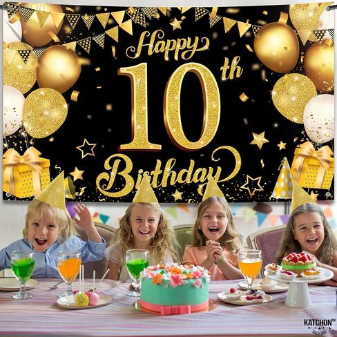 Katchon ، Gold and Blue Happy 10th Banner - 72 × 44 بوصة | 10 ديكورات عيد ميلاد للأولاد | زرقاء سعيد العاشرة عيد ميلاد بوي | علامة عيد ميلاد سعيدة 10 ، ديكورات عيد ميلاد عمرها 10 سنوات in Saudi Arabia