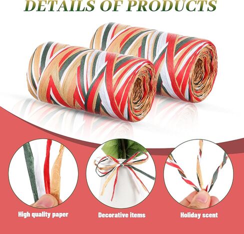 Shappy 2 Rolls Christmas Raffia Ribbon 524 قدمًا الورق الورق غير اللامع ورق التعبئة الورق خيوط Raffia Yarn لهدايا التغليف من عيد الميلاد ديكور عطلة (أحمر ، أبيض ، أخضر ، بنك) in Saudi Arabia