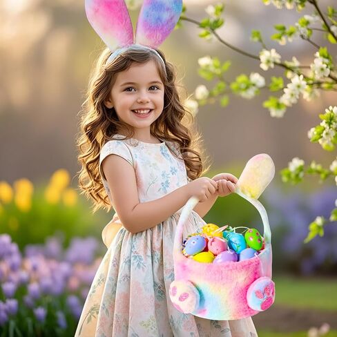 PinkSheep Bunny Ears and Basket for Girls,Pink Bunny Headbands with Bakset and Bunny Costume for Girls Bluk Party Favors, Rabbit Plush for Toddler Gift in Kuwait