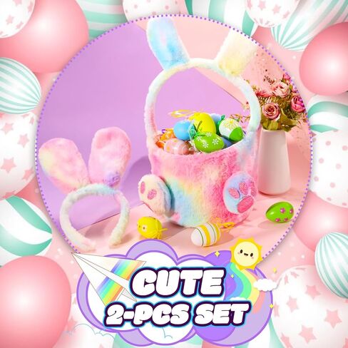 PinkSheep Bunny Ears and Basket for Girls,Pink Bunny Headbands with Bakset and Bunny Costume for Girls Bluk Party Favors, Rabbit Plush for Toddler Gift in Kuwait