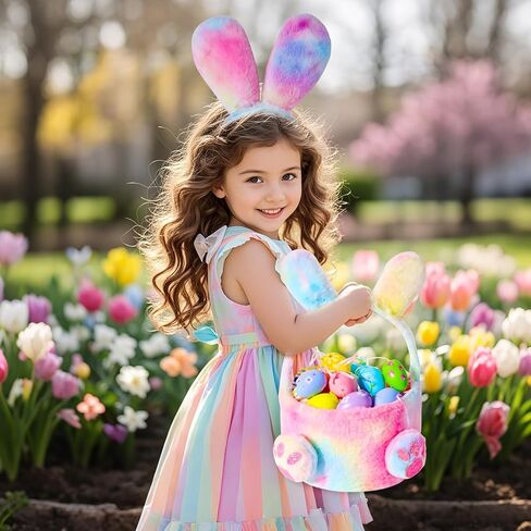 PinkSheep Bunny Ears and Basket for Girls,Pink Bunny Headbands with Bakset and Bunny Costume for Girls Bluk Party Favors, Rabbit Plush for Toddler Gift in Kuwait