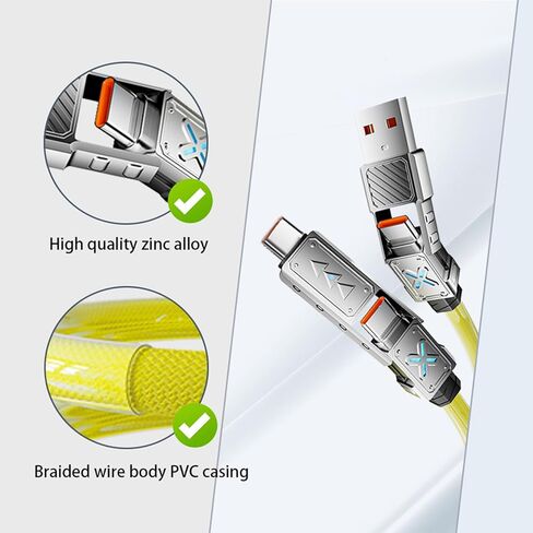 كابل USB-C 4 في 1، كابل شحن سريع 240 وات PD 5A ومزامنة البيانات، سلك شاحن سيليكون خفيف ملون مع نوع C/USB A لأجهزة الكمبيوتر المحمول iPhone iPad MacBook Samsung إلخ - 5 أقدام (أصفر) in Kuwait