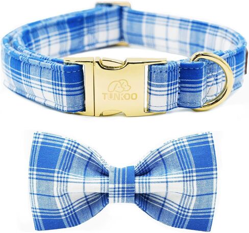 Tunkoo Pink Plaid Dog Collar with Cute Bow, Stylish Rose Gold Metal Buckle, Soft Cotton Collars for Small Medium Large Dogs– Comfortable Pet Accessory, S in Kuwait