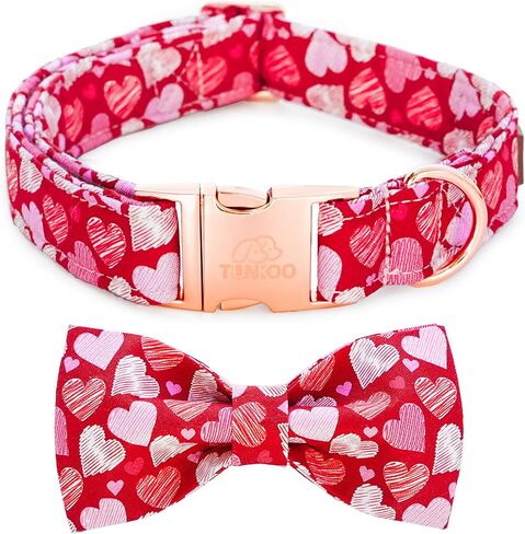 Tunkoo Pink Plaid Dog Collar with Cute Bow, Stylish Rose Gold Metal Buckle, Soft Cotton Collars for Small Medium Large Dogs– Comfortable Pet Accessory, S in Kuwait