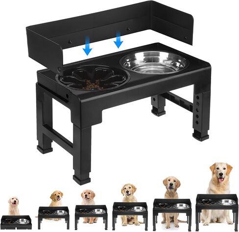 PAWCHIE Elevated Dog Bowls,Mess Proof Feeder for Large Dogs,6 Height Adjustable Raised Dog Bowl Stand with Slow Bowls & Water Bowl, No Spill, Non-Slip Tiltable Pet Feeder Stand Black in Kuwait