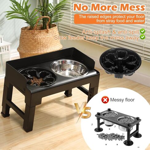 PAWCHIE Elevated Dog Bowls,Mess Proof Feeder for Large Dogs,6 Height Adjustable Raised Dog Bowl Stand with Slow Bowls & Water Bowl, No Spill, Non-Slip Tiltable Pet Feeder Stand Black in Kuwait