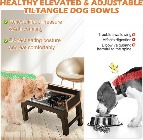 PAWCHIE Elevated Dog Bowls,Mess Proof Feeder for Large Dogs,6 Height Adjustable Raised Dog Bowl Stand with Slow Bowls & Water Bowl, No Spill, Non-Slip Tiltable Pet Feeder Stand Black in Kuwait