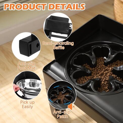 PAWCHIE Elevated Dog Bowls,Mess Proof Feeder for Large Dogs,6 Height Adjustable Raised Dog Bowl Stand with Slow Bowls & Water Bowl, No Spill, Non-Slip Tiltable Pet Feeder Stand Black in Kuwait