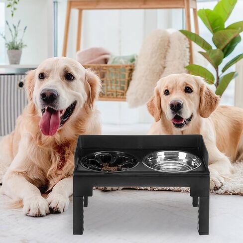 PAWCHIE Elevated Dog Bowls,Mess Proof Feeder for Large Dogs,6 Height Adjustable Raised Dog Bowl Stand with Slow Bowls & Water Bowl, No Spill, Non-Slip Tiltable Pet Feeder Stand Black in Kuwait
