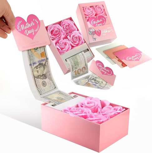 Money Box for Cash Gift Pull, Money Gift Boxes for Cash on Birthday, Christmas, Graduation, Mother's Day, for Husband, Wife, Girlfriend, Mother With Soap Rose Flower and Greeting Cards (Pink+Pink) in Saudi Arabia