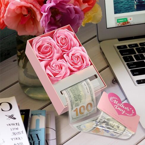 Money Box for Cash Gift Pull, Money Gift Boxes for Cash on Birthday, Christmas, Graduation, Mother's Day, for Husband, Wife, Girlfriend, Mother With Soap Rose Flower and Greeting Cards (Pink+Pink) in Saudi Arabia