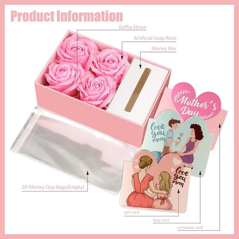 Money Box for Cash Gift Pull, Money Gift Boxes for Cash on Birthday, Christmas, Graduation, Mother's Day, for Husband, Wife, Girlfriend, Mother With Soap Rose Flower and Greeting Cards (Pink+Pink) in Saudi Arabia