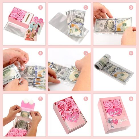 Money Box for Cash Gift Pull, Money Gift Boxes for Cash on Birthday, Christmas, Graduation, Mother's Day, for Husband, Wife, Girlfriend, Mother With Soap Rose Flower and Greeting Cards (Pink+Pink) in Saudi Arabia