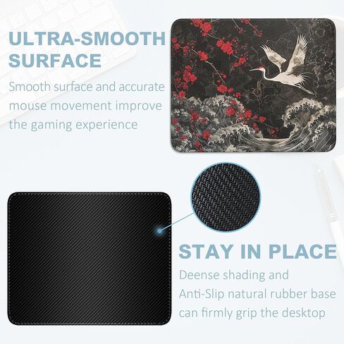 Japanese Mouse Pad - Cherry BlossomsCrane Bird Black Square Mousepad Washable with Non-Slip Rubber Base - Mouse Pads for Desk Computers Laptop Mouse- Home Office Decor Desk Accessories-10x8 Inch in Saudi Arabia