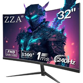 ZZA 32" Curved Gaming Monitor, FHD 1920x1080, VA, 1ms 240Hz, FreeSync Premium, 2xDP 1.4/2xHDMI 2.0, VESA Compatible, Tilt Adjustable