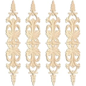4 Pcs Decorative Wood Carved Appliques Onlays, 13 * 3inch Unpainted Solid Wood Long Carving Decal for Furniture Cabinet Bed Wardrobe Closet DIY Decoration (13 * 3inch)