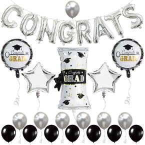 KatchOn, Silver Congrats Balloons Set - Big 28 Inch, Pack of 27 | Black and Silver Graduation Decorations 2025 | Congratulations Balloons, Graduation Decorations Class of 2025