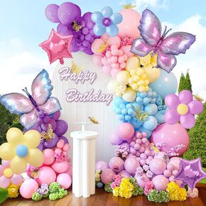 154 PCS Purple Blue Pink Butterfly Balloon Garland Arch Kit With Foil Balloon and Stickers for Baby Shower, Birthday, Wedding, Anniversary Theme Party Decorations Supplies