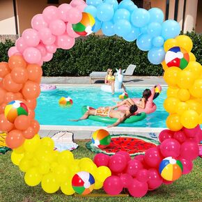 268 PCS Summer Balloon Arch Garland Kit Pool Party Decorations Ballsable Balls Multicolor Balloons Backdrop Tropical Luau Hawaii Swimming Poolming Party (Rainbow)