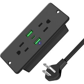 HHSOET 5 in 1 Recessed Power Strip Flat Plug, 20W Fast Charging Furniture Outlet with USB, Conference Recessed Socket with 2 AC Plugs, 2 USB Ports 1 USB-C, 6ft Power Cord. (Black)