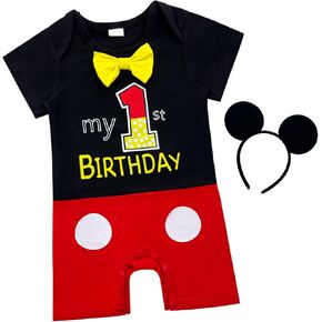 Baby Boys Mouse Costume One-Piece Suit 1st Birthday Bowtie Short Sleeve Shorts Pants Bodysuit Mouse Headband