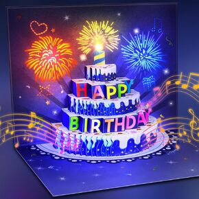 بطاقات عيد ميلاد الألعاب النارية يطفو على الكعكة الخفيفة والموسيقى هدية بطاقة عيد ميلاد سعيد للنساء ، الرجال ، أمي ، الجدة