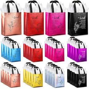 Sweetude 25 Set Christian Gift Bags with Tissue Paper,Church Welcome Gift Bags for Mothers Day,Flower Bible Verse Non Woven Tote with Handles for Sunday School,First Communion,VBS,Pentecost