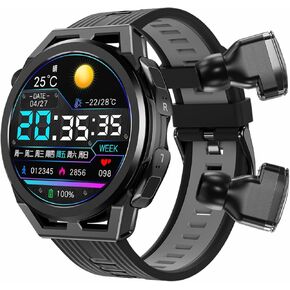 T92 Smart Watch with Earbuds MP3 Bluetooth Headset 3 in 1 1.28 Inch Smartwatch Built-in Wireless Earbuds Speaker Round Fitness Tracker Music Body Health Monitor (Black)