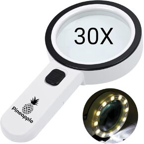 زجاج مكبدي الأناناس مع الضوء ، و 30x مكونًا من الزجاج المكبر باليد ، ومكبرة مضاءة LED ، ونظارات مكبرة عالية الطاقة لكبار السن ، والانحطاط البقعي ، والقراءة ، والمسنين