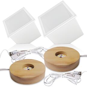 2Pcs Large Bevel Cube Resin Molds,4.09'' & 3.35'' Square Silicone Resin Molds with 2Pcs 3.94'' Wood LED Lights Display Bases