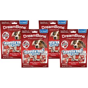Dreambone Rattleball Small Count 14 Count ، مضغ خالي من الجلود للكلاب ، مع تعاملات الدجاج الحقيقية في الداخل (حزمة 4)