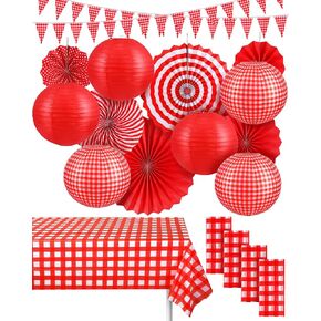 Hortsun 18 Pcs Picnic Party Decorations Set Include Red and White Checkered Gingham Pennant Banner Hanging Paper Fans Round Lanterns Plastic Disposable Tablecloth for Carnival Picnic Party Supplies