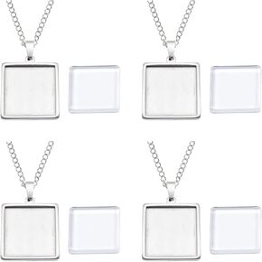 Julie Wang 25mm 10 sets Square Stainless Steel Resin Tray Bezels Base Settings Charms Pendant Set with Chain Necklace Glass Cabochon Jewelry Making Craft Accessory