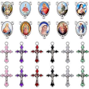 84Pcs/42Sets Rosary Kits Cross and Center Medal Charms Alloy Religion Enamel Picture Jesus Maria Links Connector Pendant for Diy Catholic Jewelry Making