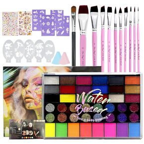 42 Color Face Painting Kit for Kids - Water Based, Non Toxic Face paint palette with Art Brushes, Stencils, Gems - For Halloween, Carnival, Costume Makeup, Parties & Cosplay