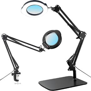 15X Magnifying Glass Desk Lamp with Metal Base, 5 Color Modes 10 Levels Adjustable Brightness, 360° Rotatable Flexible Aluminum Arms – Ideal for Reading, Crafting, Close Work, Eye-Caring Table Lamp