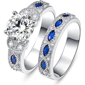 3.5ct Round Cut Cubic Zirconia Ring Wedding Ring Set Created Blue Sapphire Women's Bridal Rings Sets 925 Sterling Silver Ring Rhodium Plated Blue Engagement Ring Size 5-10