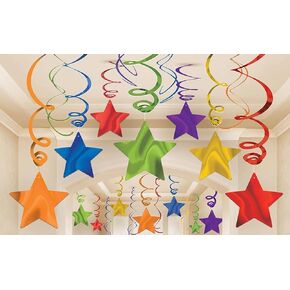 Party Swirl Decorations, Hanging Swirl for Ceiling Decorations, Blue with Star, Pack of 30