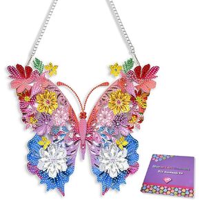 Hanging Diamond Art Painting Pendant Kit Pink Butterfly, DIY Acrylic Diamonds Painting Ornament Kit for Adults(9.0x9.7inch)
