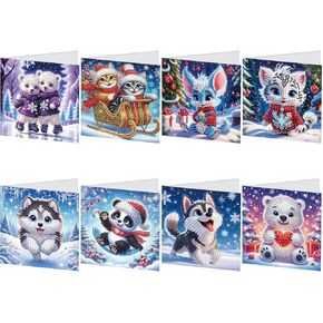 8 PCS XMAS Diamond Art Brading Cards Xmas Diamond Painting Chiptrics بطاقات عيد الميلاد مع الأظرف GEM Art Gem Painting مجموعات الفسيفساء للبالغين مع تدريبات خاصة Cat Dog Bear Panda Fox