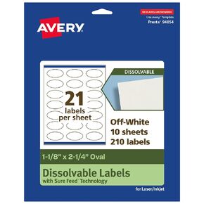 Avery Dissolvable Oval Labels with Sure Feed Technology, 1-1/8" x 2-1/4", Matte White, Print-to-The-Edge, Compatible with Laser & Inkjet Printers, 210 Labels Total
