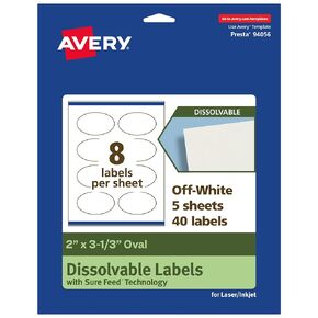 Avery Dissolvable Oval Labels with Sure Feed Technology, 2" x 3-1/3", Matte White, Print-to-The-Edge, Compatible with Laser & Inkjet Printers, 40 Labels Total