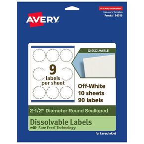 Avery Dissolvable Round Scalloped Labels with Sure Feed Technology, 2.5" Diameter, Matte White, Print-to-The-Edge, Compatible with Laser & Inkjet Printers, 45 Labels Total