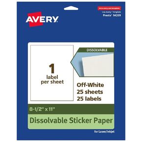 Avery Dissolvable Rectangle Sticker Paper, 8.5" x 11", Matte White, Compatible with Laser & Inkjet Printers, 10 Labels Total, Freezer-Safe, Microwave-Safe, Refrigerator-Safe