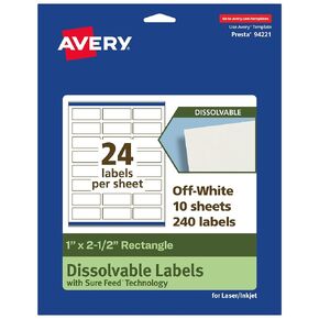 Avery Dissolvable Rectangle Labels with Sure Feed Technology, 1" x 2.5", Matte White, Compatible with Laser & Inkjet Printers, 600 Labels Total, Freezer-Safe, Microwave-Safe, Refrigerator-Safe