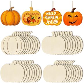 Wooden Pumpkins Ornaments to Paint Halloween Thanksgiving Decoration Cutouts Unfinished 36PCS 3.5 inches, DIY Blank Unfinished Pumpkin Ornament for Home Harvest Crafts Hanging Autumn Decor（4 Style）