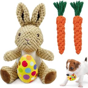 4 PCS Easter Dog Squeaky Toys ، Twoged Dog Toy Plush Easter Egg Bunny Rabbit Toys with Crinker Interactive Rope Carrot Easter Gift for Puppy Small Mediance Dogs
